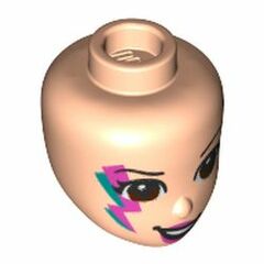 LEGO PART 92198pr0316 Minidoll Head Dark Brown Eyes, Magenta/Dark Turquoise Lightning Bolt print