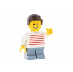 LEGO Boy - White Sweater with Red Horizontal Stripes, Sand Blue Short Legs, Dark Brown Hair
