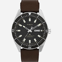 Timex - Waterbury Dive Automatic Leather Strap Watch - Stainless-Steel/Brown/Black