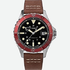 Timex - Navi XL Automatic Leather Strap Watch - Stainless-Steel/Brown/Red
