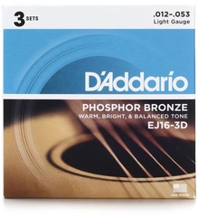 D'Addario EJ16 Phosphor Bronze Acoustic Guitar Strings - .012-.053 Light (3-pack)