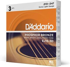 D'Addario EEJ15-3D Phosphor Bronze Acoustic Guitar Strings - .010-.047 Extra Light (3-pack)
