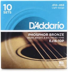 D'Addario EJ16-10P Phosphor Bronze Acoustic Guitar Strings - .012-.053 Light (10-pack)