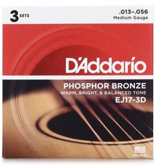 D'Addario EJ17-3D Phosphor Bronze Acoustic Guitar Strings - .013-.056 Medium (3-pack)