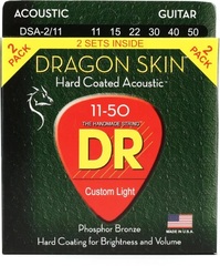 DR Strings DSA-2/11 Dragon-Skin Phosphor Bronze Coated Acoustic Guitar Strings - .011-.050 Custom Light (2-pack)