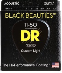 DR Strings BKA-11 Black Beauties K3 Coated Acoustic Guitar Strings - .011-.050 Custom Light
