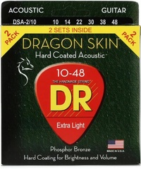 DR Strings DSA-2/10 Dragon-Skin Phosphor Bronze Coated Acoustic Guitar Strings - .010-.048 Extra Light (2-pack)