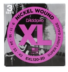 D'Addario EXL120-3D XL Nickel Wound Electric Guitar Strings - .009-.042 Super Light (3-pack)