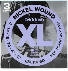 D'Addario EXL116 XL Nickel Wound Electric Guitar Strings - .011-.052 Medium Top/Heavy Bottom (3-pack)