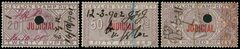 Ceylon 1896 Revenue Judicial: 1896-98 20r, 50r and 100r lilac local overprints