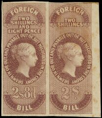 Ceylon 1862 Revenue Foreign Bill: 1862 2s8d & 2s purple-brown horizontal se-tenant pair Mint