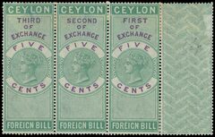 Ceylon 1874 Revenue Foreign Bill: 5c green and mauve, intact triplicate strip