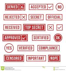Rubber stamps. Official compliance resolution stamp, verified secret statues and accepted or rejected mark. Yes and no