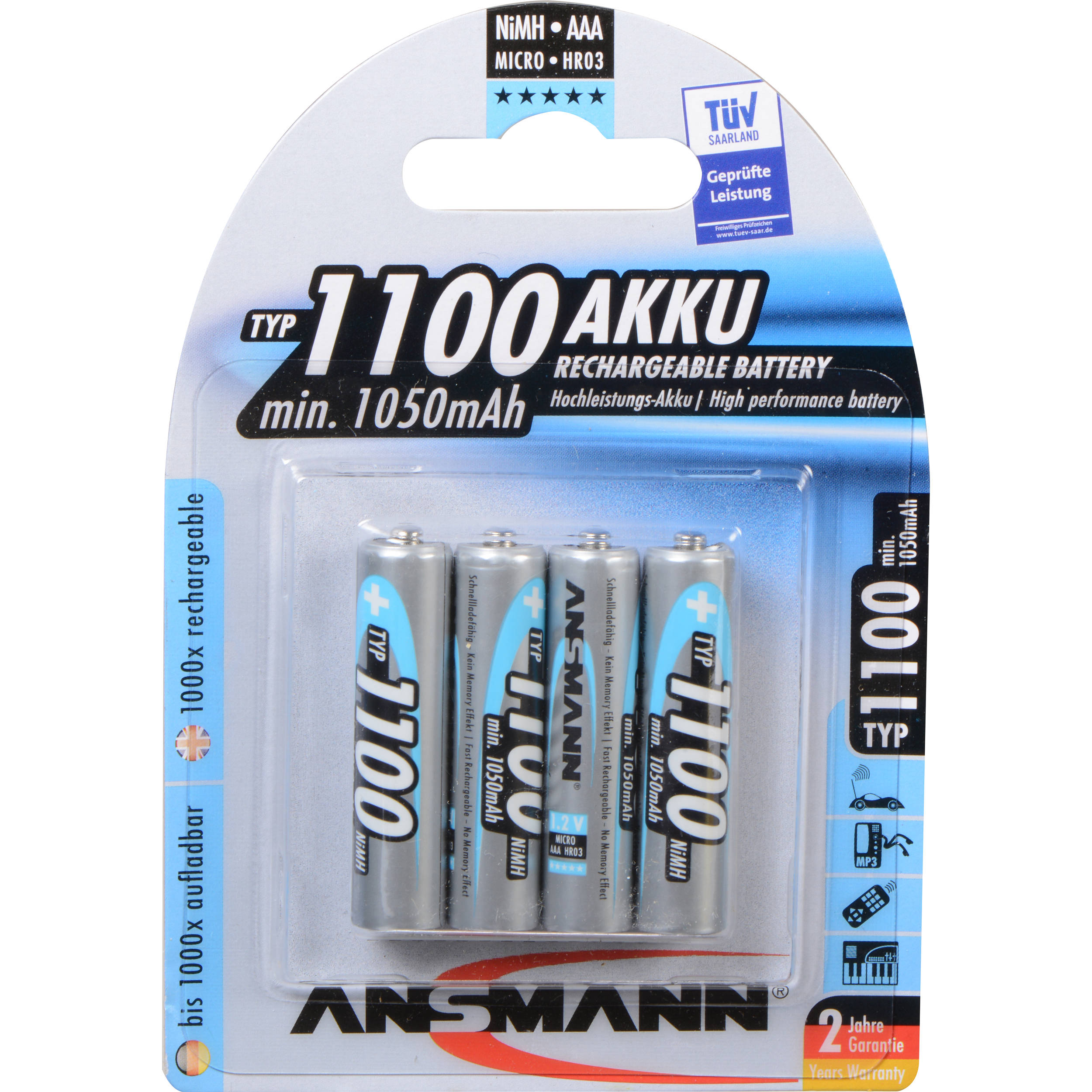 Ansmann AAA Rechargeable NiMH Batteries (1.2V, 1100mAh, 4-Pack)