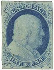 #9 – 1852 1c Franklin, blue, imperforate, type IV