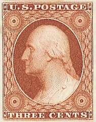 #10 – 1851-57 3c George Washington, orange-brown, imperforate, type I
