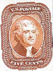 #12 – 1856 5c Jefferson, red brown, type I, imperforate