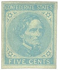 #CSA6 – 1862 5c Confederate States - Jefferson Davis - lt blue, hard paper (De La Rue & Co)