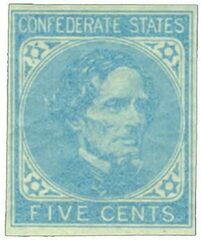 #CSA7 – 1862 5c Confederate States - Jefferson Davis - blue, thin-to-thick paper (De La Rue & Co)