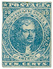 #CSA2 – 1862 10c Confederate States - Thomas Jefferson - blue, soft paper (Paterson & Co)