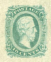 #CSA11c – 1863-64 10c Confederate States - Jefferson Davis - greenish-blue, no frame-line (Die A)