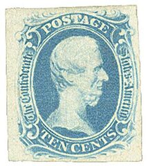 #CSA9 – 1863 10c Confederate States - Jefferson Davis - blue, soft paper, engraved (Archer & Daly)
