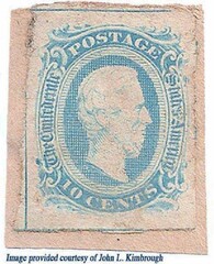#CSA10 – 1863 10c Confederate States - Jefferson Davis - blue, soft paper, frame-line (Archer & Daly)
