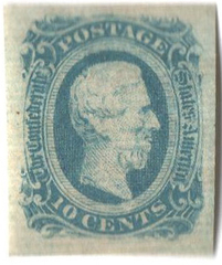 #CSA11a – 1863-64 10c Confederate States - Jefferson Davis - milky blue, no frame-line (Die A)
