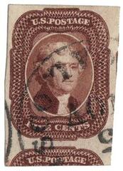 #12 – 1856 5c Jefferson, red brown, type I, imperforate