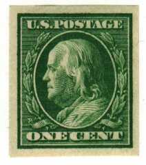 #343 – 1908 1c Franklin, green, double line watermark, imperforate
