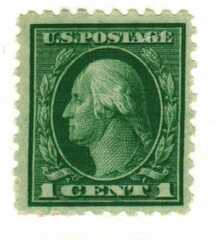 #424 – 1914 1c Washington Single Line Watermark, green