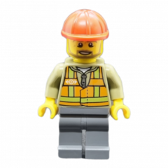 LEGO Light Orange Safety Vest, Dark Bluish Gray Legs, Red Construction Helmet, Beard Light Brown Angular