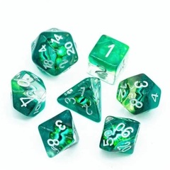 Green Set of 7 Demon Eye Polyhedral Dice with White Numbers