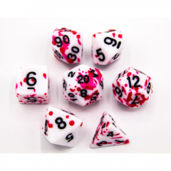 Red Set of 7 Speckled Polyhedral Dice with Black Numbers