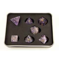 Amethyst Set of 7 Gemstone Polyhedral Dice with Gold Numbers