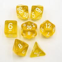 Yellow Set of 7 Transparent Polyhedral Dice with White Numbers