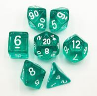 Teal Set of 7 Transparent Polyhedral Dice with White Numbers