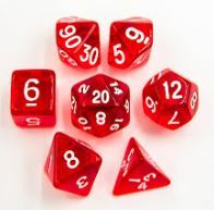 Red Set of 7 Transparent Polyhedral Dice with White Numbers