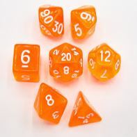 Orange Set of 7 Transparent Polyhedral Dice with White Numbers