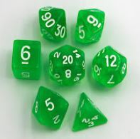 Green Set of 7 Transparent Polyhedral Dice with White Numbers