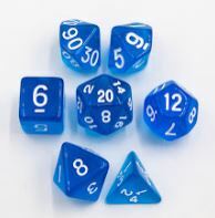 Blue Set of 7 Transparent Polyhedral Dice with White Numbers