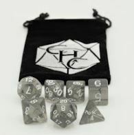 Black Set of 7 Transparent Polyhedral Dice with White Numbers