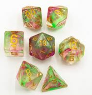 Red/Green Set of 7 Swirl Polyhedral Dice with Gold Numbers