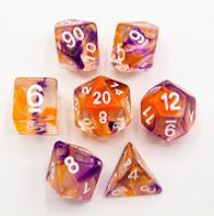 Orange/Purple Set of 7 Swirl Polyhedral Dice with White Numbers