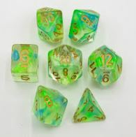 Blue/Green Set of 7 Swirl Polyhedral Dice with Gold Numbers