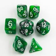 Green/Steel Set of 7 Steel Polyhedral Dice with White Numbers