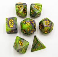 Green/Purple Set of 7 Special Set Polyhedral Dice with Gold Numbers