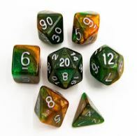 Green/Orange Set of 7 Special Set Polyhedral Dice with White Numbers