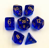 Blue Set of 7 Special Set Polyhedral Dice with Gold Numbers