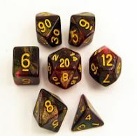 Black/Red Set of 7 Special Set Polyhedral Dice with Gold Numbers